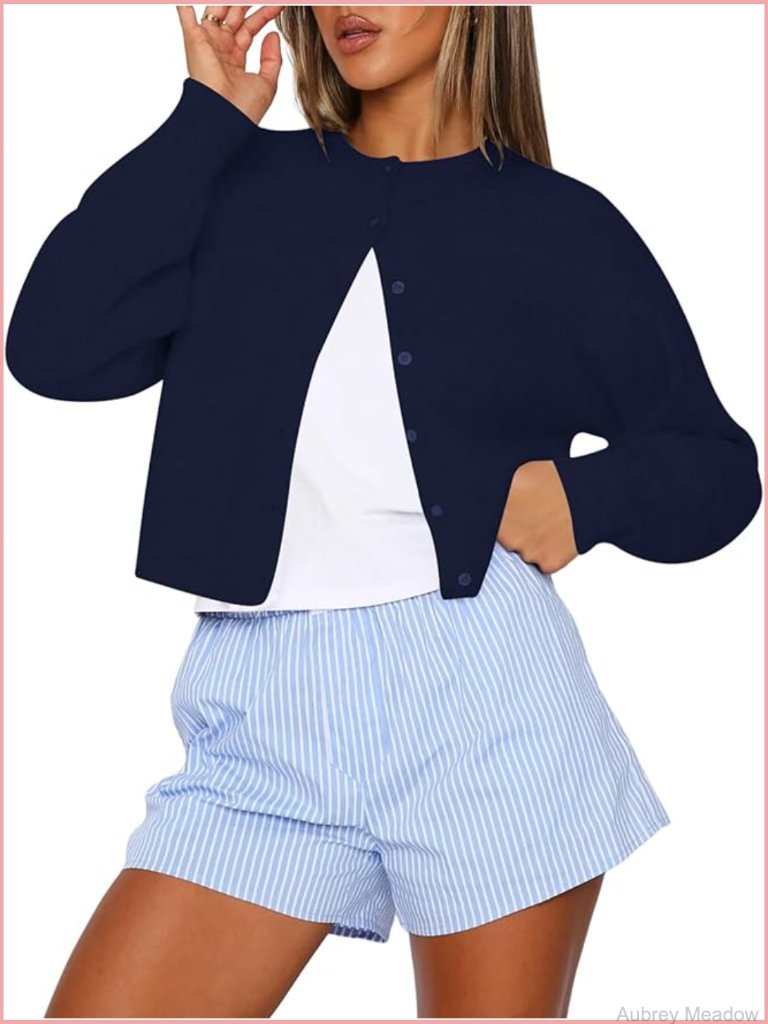 Cropped Cardigan Sweater Crew Neck Long Sleeve Button Up Lightweight Knit